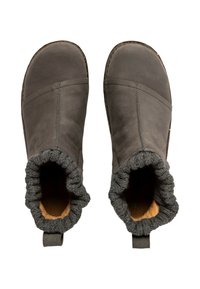 Graue Leder Stiefeletten mit runder Spitze, einem strukturierten grauen Textilkragen und geliner Innenauskleidung, ausgestattet mit einer Zuglasche an der Rückseite.