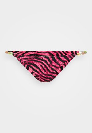 Pink and black zebra-striped bikini bottom with a low-rise cut; features braided ties with decorative beads on each side.