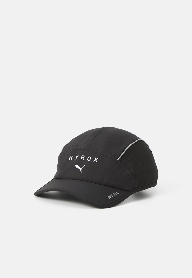 Black cap with a curved brim, featuring "HYROX" and Puma logo in white. Made from breathable fabric with mesh panels for ventilation.