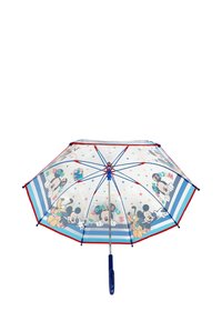 Clear umbrella with red and blue trim. Features Mickey Mouse and friends illustrations against a white background with colorful stars.