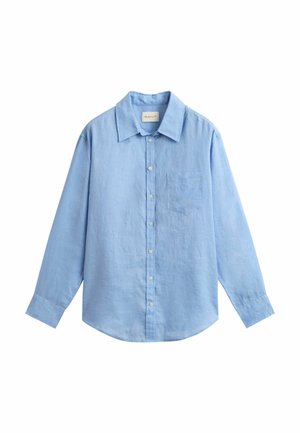 Light blue long-sleeve button-up shirt with a collar and chest pocket, made from a linen fabric.