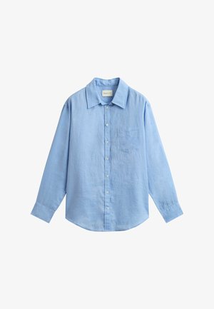 Light blue long-sleeve button-up shirt with a collar and chest pocket, made from a linen fabric.