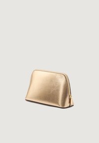 Pungă metalizată aurie cu fermoar, cu un vârf rotund, textură netedă și bază plată. Dispune de un mic accesoriu pentru fermoar și un design minimalist.