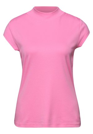 Pevné růžové tričko s krátkými rukávy, vysokým kulatým výstřihem a přiléhavým pasem.