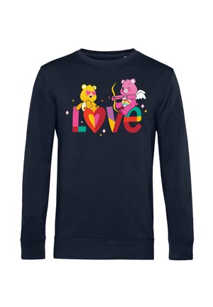 Marineblå sweatshirt med lange ærmer, der præsenterer farverige tegneserie-bjørne på et "LOVE" motiv, med pink og gule accenter og legende detaljer.