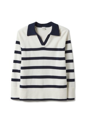 White pullover with navy horizontal stripes, featuring a v-neck and a contrasting navy collar. Ribbed cuffs and hem. Soft knit texture.