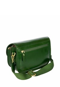 Sac bandoulière en cuir vert avec une texture lisse, poche zippée à l'avant et une sangle en tissu détachable avec des accents en métal doré.