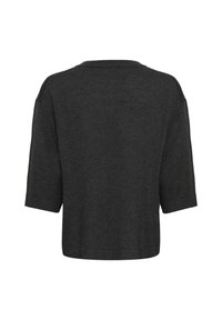 Haut en maille gris foncé à manches courtes, coupe ample et encolure ronde simple, vu de dos sur fond blanc.