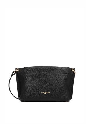 Black leather clutch bag with a textured surface, featuring a gold logo and accents, zip closure, and a thin handle. Simple rectangular shape.