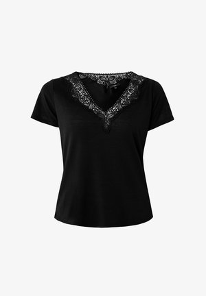 Zwarte T-shirt met korte mouwen en een kanten V-halslijn, met ingewikkelde bloemmotieven en een zachte stoftextuur. Casual en ontspannen pasvorm.