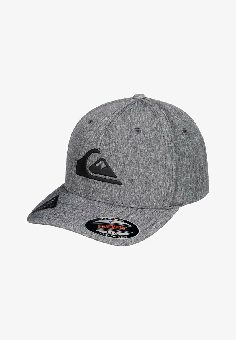 Szara teksturowana czapka bejsbolowa z czarnym logo fali i góry z przodu oraz naklejką Flexfit rozmiar L/XL na zakrzywionym daszku.