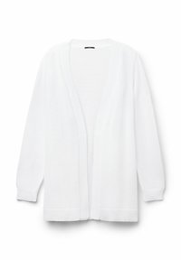 Cardigan blanc en tissu tricoté, avec un décolleté en V, une ouverture devant, des manches longues et des poignets et un ourlet côtelés. Un design simple et sans embellissement.