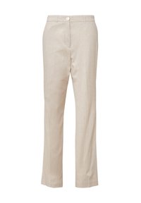 Beige op maat gemaakte broek van lichtgewicht stof. Heeft een mooie uitstraling, een voorzak en een enkele witte knop bij de taille.