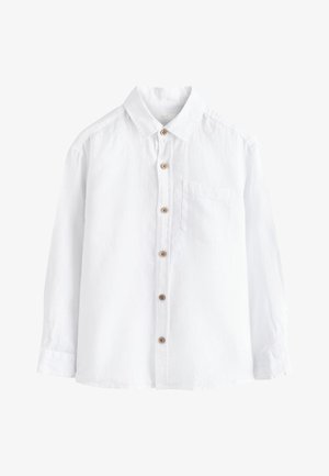 Hvid langærmet skjorte med knapper af træ og en enkelt brystlomme, vist på en ensfarvet hvid baggrund.