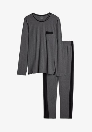 Graues Langarmoberteil mit schwarzer Tasche und schwarzem Saum, kombiniert mit passenden grauen Hosen mit schwarzen Seitenstreifen. Weicher, leichter Stoff.