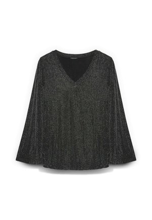 Zwarte glinsterende top met V-hals en lange mouwen, met verticale geribbelde texturen en zilveren accenten overal. Casual ontwerp geschikt voor diverse gelegenheden.