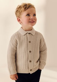 Light beige knitted cardigan with a textured pattern, featuring a collared neckline and five brown buttons. Ribbed cuffs and hem.