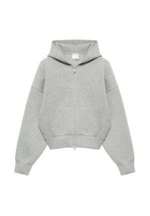 Sweat à capuche zippé gris clair avec poches kangourou et poignets et ourlet côtelés, présenté sur fond blanc.
