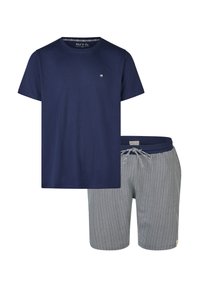 Námořnické bavlněné tričko se malým vyšitým logem palmy, spárované se šedými pletenými šortkami s bílým cikcak vzorem a stahovací šňůrkou.