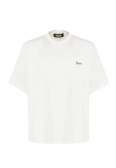 T-shirt bianco in cotone con maniche corte, caratterizzato da un logo ricamato rosso con la scritta "Barrow" sul petto. Design con collo a giro.