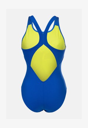 Maillot de bain une pièce bleu avec un panneau en maille jaune, des bretelles croisées sportives et une découpe dans le dos pour une meilleure ventilation.