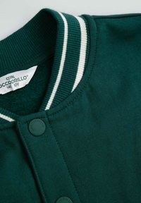 Zielony sweter z widocznym prążkowanym kołnierzem w białe paski, z zapięciem na guziki z przodu oraz miękką strukturą. Etykieta widoczna w wewnętrznej części kołnierza.