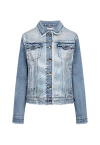 Lichtblauwe spijkerjack met zilverkleurig reflecterend rasterpatroon aan de voorkant en klepzakken, knoopsluiting en rafelige randen aan manchetten en zoom.