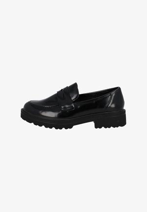 Mocassins en cuir verni noir avec un bout arrondi, une sangle décorative sur le cou-de-pied et une semelle en caoutchouc texturé pour une meilleure adhérence.
