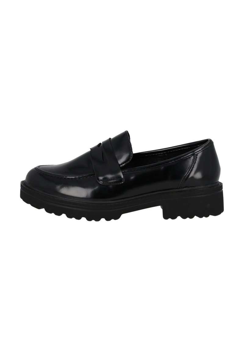 Mocassins en cuir verni noir avec un bout arrondi, une sangle décorative sur le cou-de-pied et une semelle en caoutchouc texturé pour une meilleure adhérence.