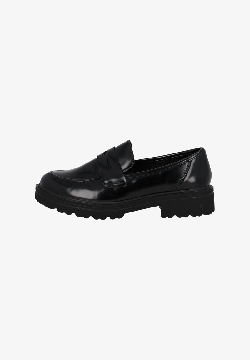 Mocassins en cuir verni noir avec un bout arrondi, une sangle décorative sur le cou-de-pied et une semelle en caoutchouc texturé pour une meilleure adhérence.