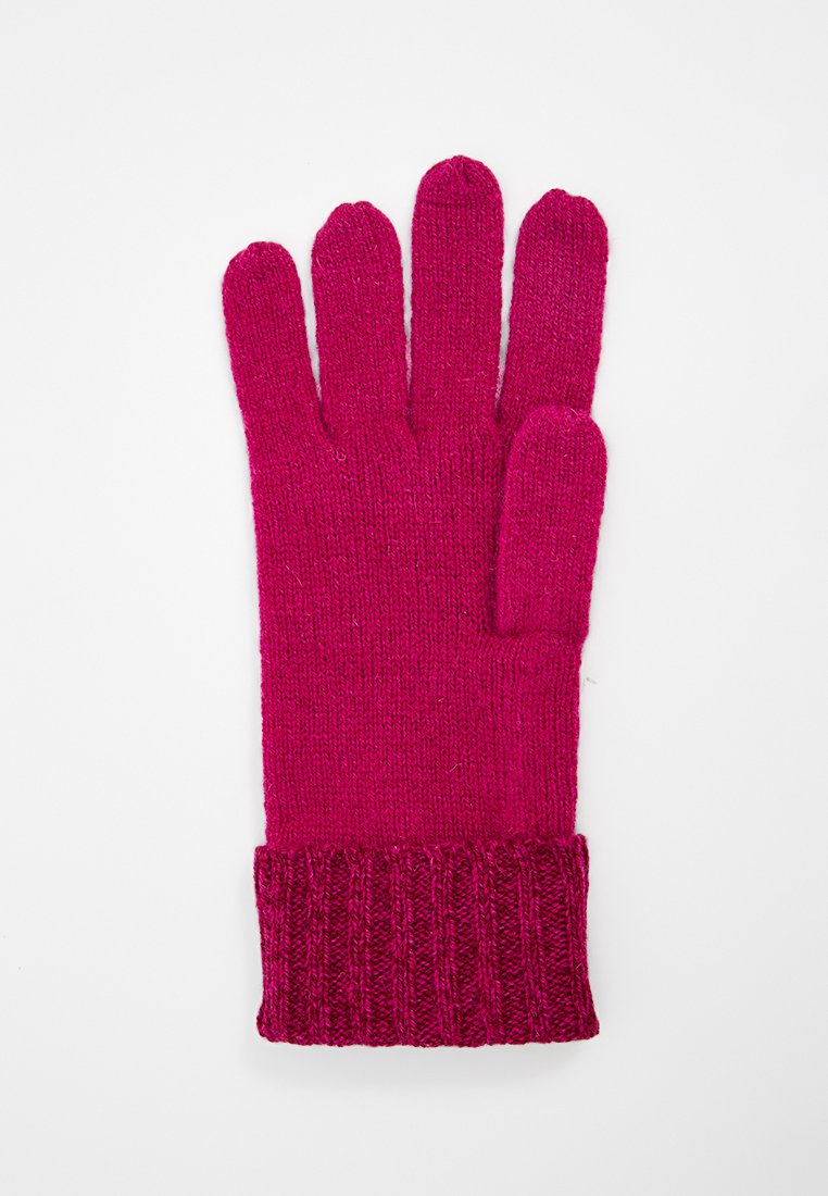 Dziane rękawice w żywej magencie, z pięciopalczastym wzorem i ściągaczem. Miękka faktura i równomierne szycie w całej powierzchni.