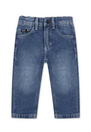 Dark blue denim jeans with a classic five-pocket design, featuring a button closure and label at the waistband.