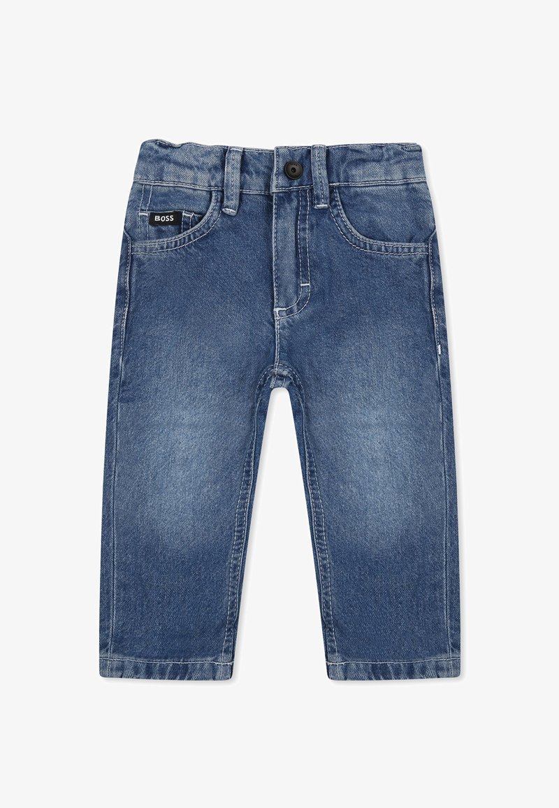 Jeans en denim bleu foncé avec un design classique à cinq poches, comportant une fermeture à bouton et une étiquette à la taille.