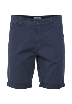 Tengerészkék, pamut keverék anyagból készült nadrág, gombos záródással, elülső zsebekkel és felgöngyölt ujjal a laza dizájn érdekében.