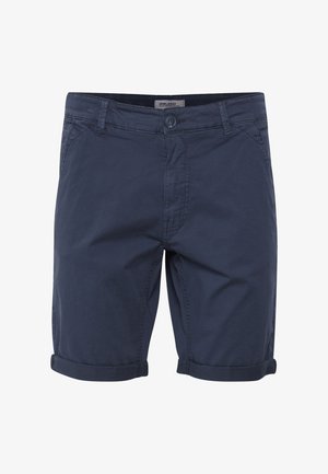 Tengerészkék, pamut keverék anyagból készült nadrág, gombos záródással, elülső zsebekkel és felgöngyölt ujjal a laza dizájn érdekében.