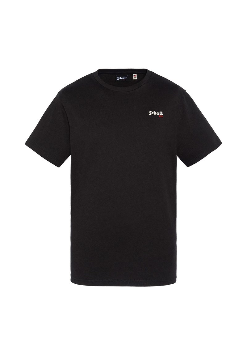 T-shirt nera in cotone con maniche corte, colletto rotondo, e un piccolo logo "Schott" bianco e rosso sulla parte sinistra del petto.
