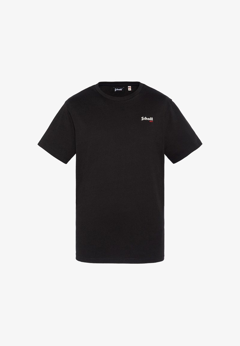 Czarna bawełniana koszulka z krótkim rękawem, okrągłym dekoltem, z małym białym i czerwonym logo "Schott" na lewej piersi.