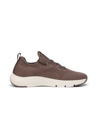 Brown knitted athletic sneaker with white cushioned sole, lace-up design, and pull tab at heel, shown in side profile on white background.