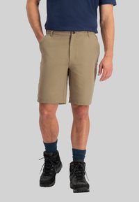 Beige Shorts mit geradem Schnitt, Gürtelschlaufen und Seitentaschen, kombiniert mit schwarzen Wanderschuhen und marineblauen Socken. Grauer Hintergrund.