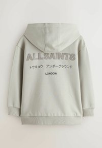 Hellgraues Kapuzen-Sweatshirt mit dem Aufdruck "ALLSAINTS", japanischem Text und "LONDON" auf der Rückseite in gemischten Schriftarten.