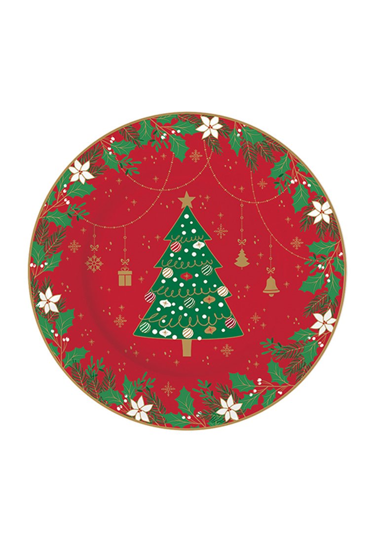 Piatto rosso rotondo con un design di albero di Natale verde, accenti dorati, motivi floreali, ornamenti appesi e fiocchi di neve.