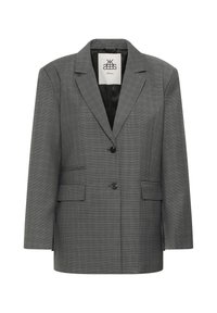 Grau kariertes Blazer mit Reverskragen, einreihigem Knopfverschluss, zwei vorderen Taschen und glatter schwarzer Fütterung. Taillierte Passform und strukturiertes Design.
