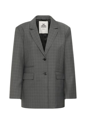 Blazer grigio a scacchi con revers a punta, chiusura a un bottone, due tasche frontali e una fodera nera liscia. Fit sartoriale e design strutturato.