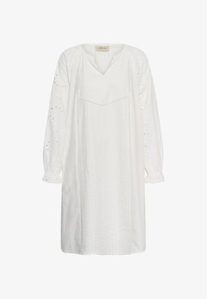 Witte jurk met lange mouwen, voorzien van fijn ajourborduurwerk, een V-hals, geplooide manchetten en een losse, rechte pasvorm.