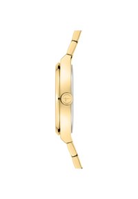 Goldfarbene Armbanduhr mit rundem Ziffernblatt, strukturiertem Gehäuse und einem einzelnen Druckknopf. Verfügt über ein elegantes, metallisches Armbanddesign.