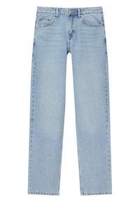 Jeans in denim azzurro chiaro con una vestibilità a gamba dritta, caratterizzati da un design a cinque tasche, chiusura con bottone e leggere sfumature per un effetto di texture.