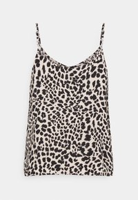 Leopardmønster camisole i sort og beige, med justerbare tynde stropper og V-halsudskæring. Glat stof med en afslappet pasform.