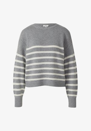Siv svetar iz pletene tkanine z belimi horizontalnimi črtami po telesu in rokavih, z ribasto obrobo na rokavih in izrezu.