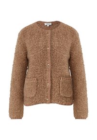 Bruine getextureerde cardigan met een ronde hals, knoopsluiting en twee voorzakken. Gemaakt van zacht, pluizig materiaal voor warmte en comfort.