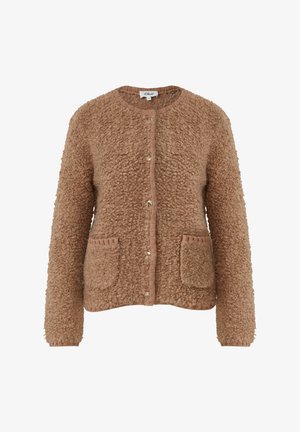 Brown textured cardigan with a round neck, button closure, and two front pockets. Made of soft, fuzzy material for warmth and comfort.